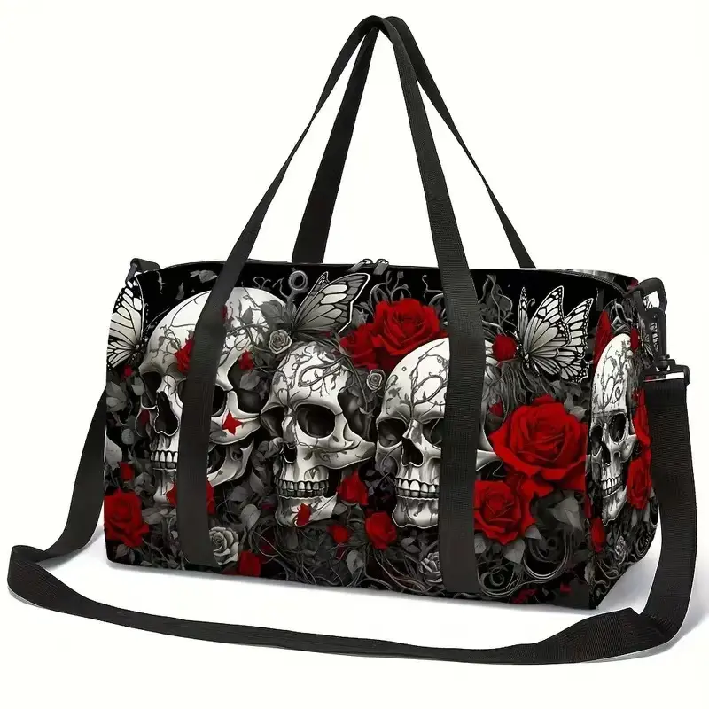 Unisex Halloween Gothic Skull Roses Print Duffle Bag - Lightweight, Large Capacity Gym Bag, Versatile Casual Carryall for Sports, Weekend Travel