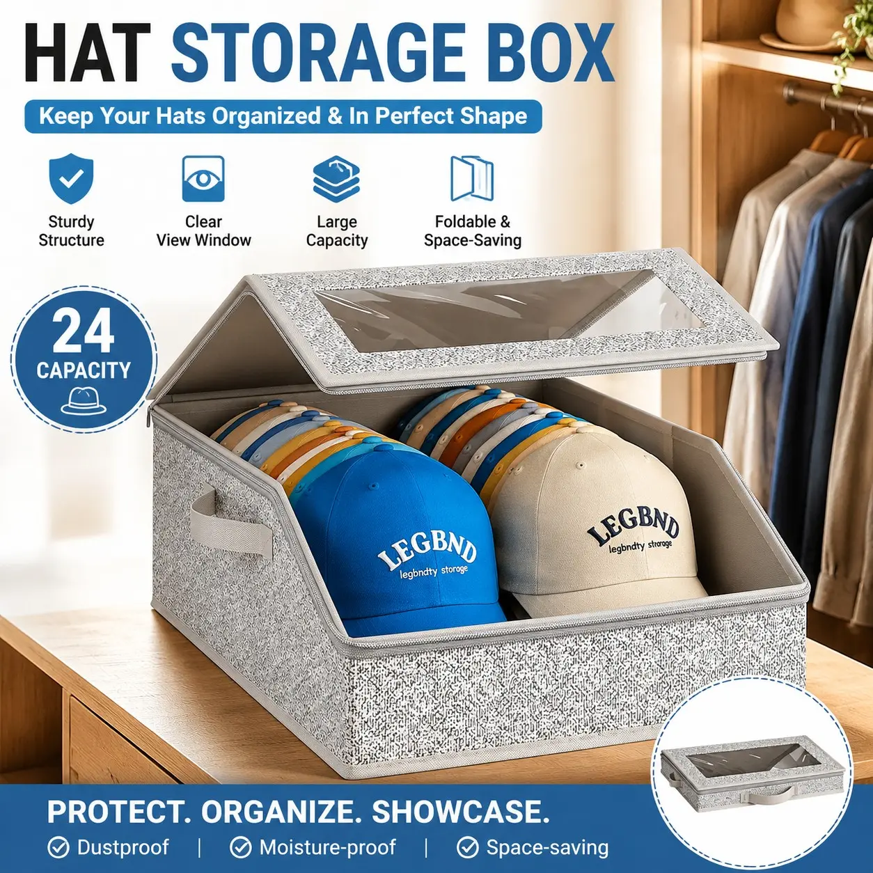 Hat Storage Box with Transparent Lid, Felt Baseball Hat Organizer, Stackable Closet Hat Rack, Dust-Proof Hat Container, Holds 20 Hats, Durable Bedroom Vanity Basket