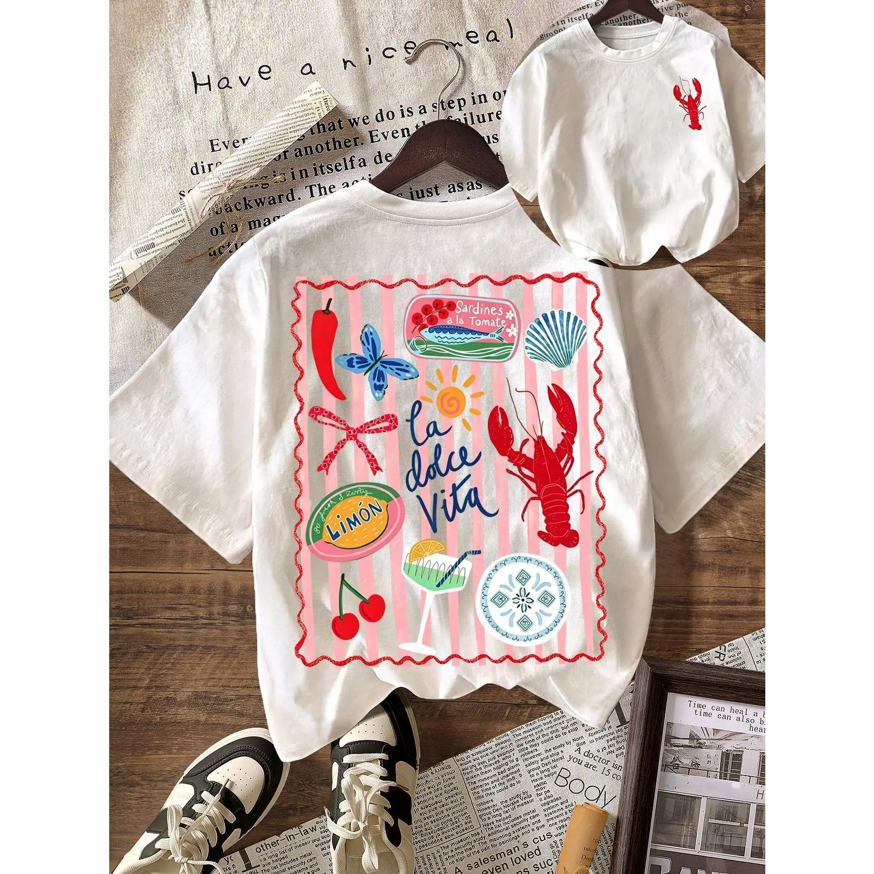 Striped Lobster Graphic T-Shirt, Women's Casual Round Neck Short Sleeve Simple T-Shirt, Summer Vacation Outfits