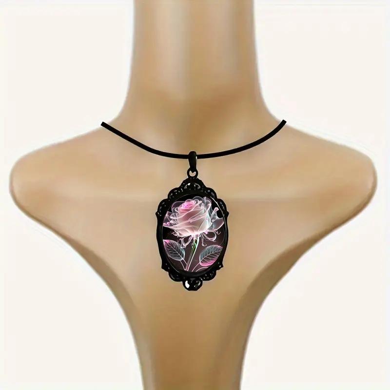 2026 New European and American Hot Selling Pink Transparent Petal Rose Pattern Glass Pendant Necklace for Women