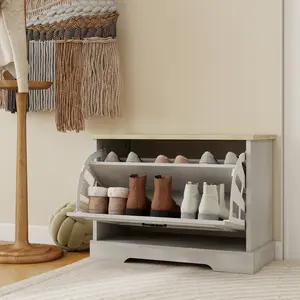 Shoe Storage Bench with 1 Flip Drawer and Adjustable Shelf, Small Shoe Cabinet  for Entryway, Hallway, Bedroom-Antique White
