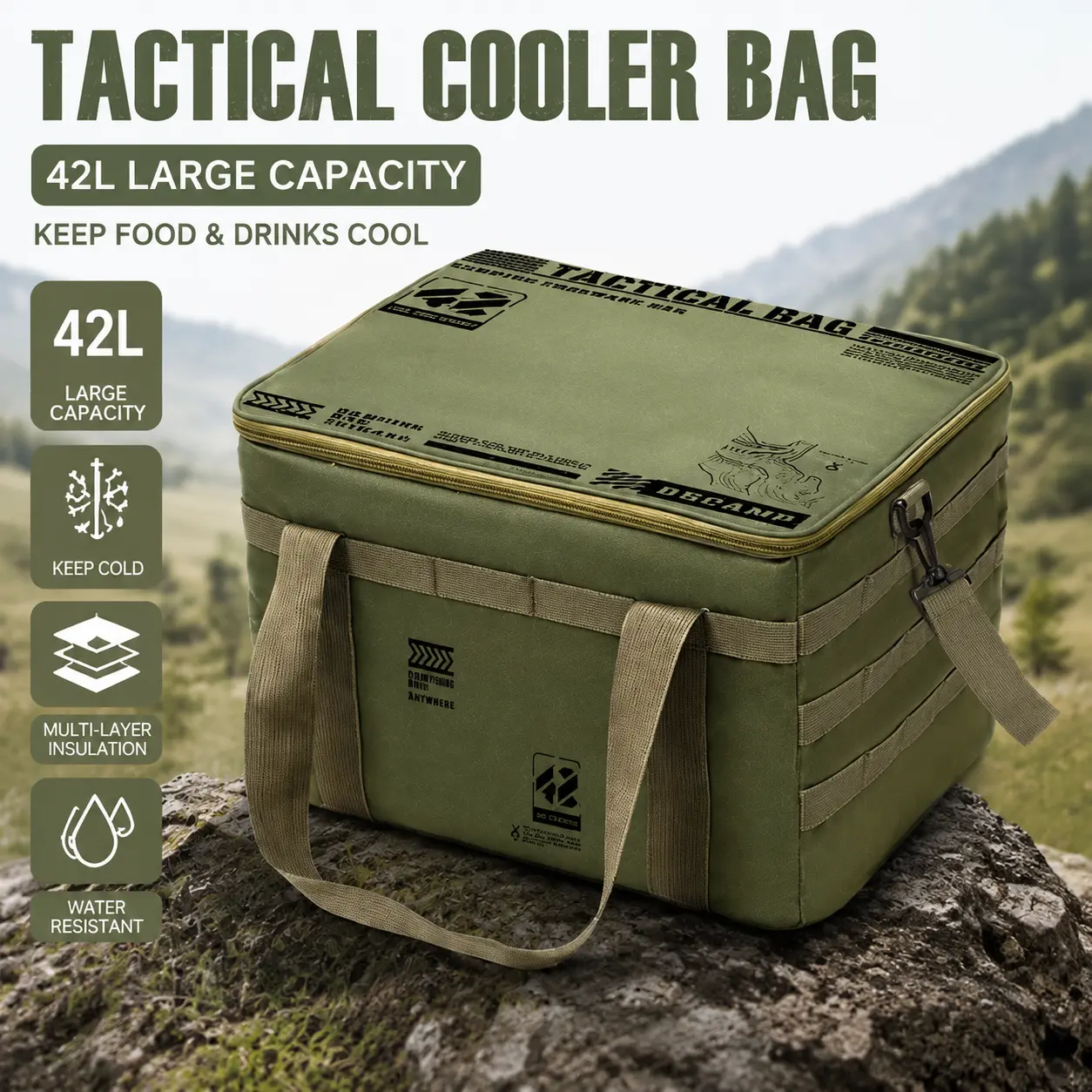 Insulated Cooler Bag 42L Retro Heavy Duty 600D Oxford Portable Foldable Leakproof for Camping Picnic Fishing Household Food Storage