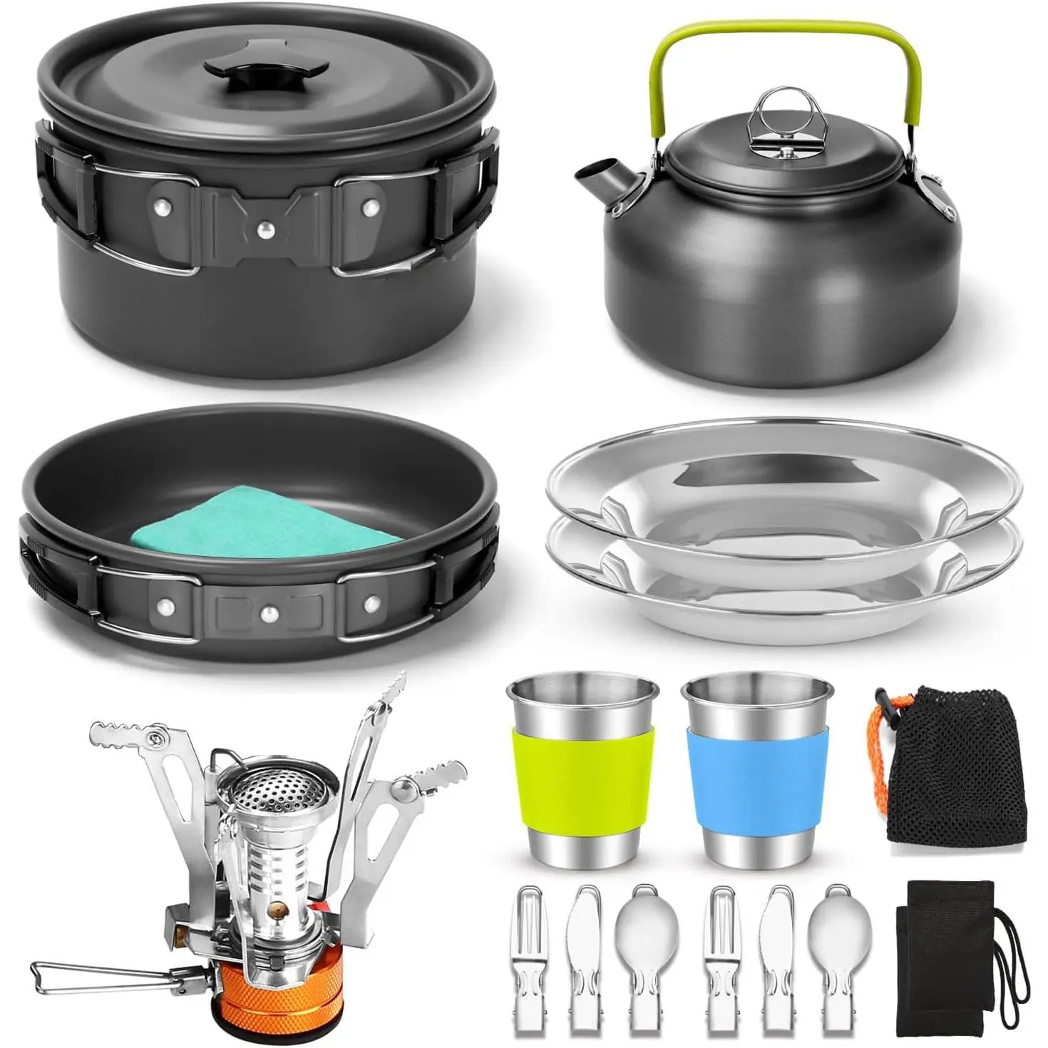 16pcs Camping Cookware Set with Folding Camping Stove, Non-Stick Lightweight Pot Pan Kettle Set with Stainless Steel Cups Plates Forks Knives Spoons  Camping Backpacking Outdoor Picnic