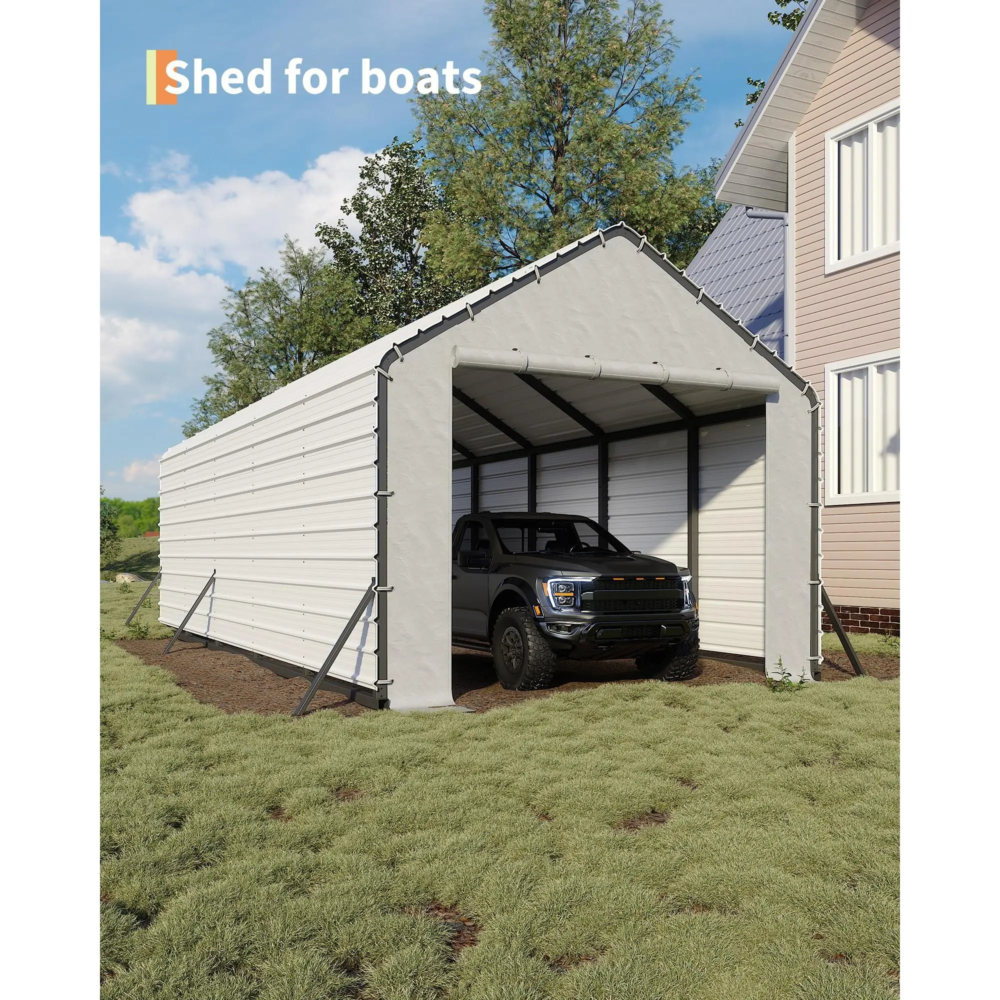 2-in-1 Heavy Duty Enclosed Metal Carport & Roofing Kit – Galvanized Steel All-Weather Roof – Secure Storage for Cars, Boats, Tractors – Cream – 10x15x9 or 13x21/26 ft – 16 Panels, Steel Frame