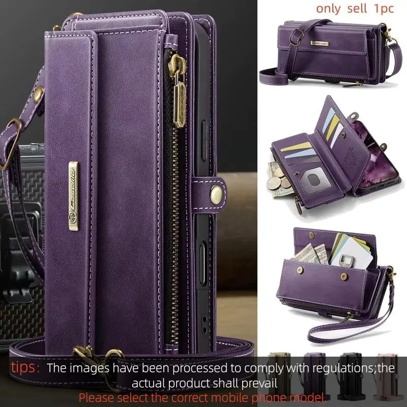 Lanyard Leather Zipper Wallet Card Phone Case for Samsung Galaxy S26 Ultra S25 FE S24 Plus S23 S22 S21 Cover