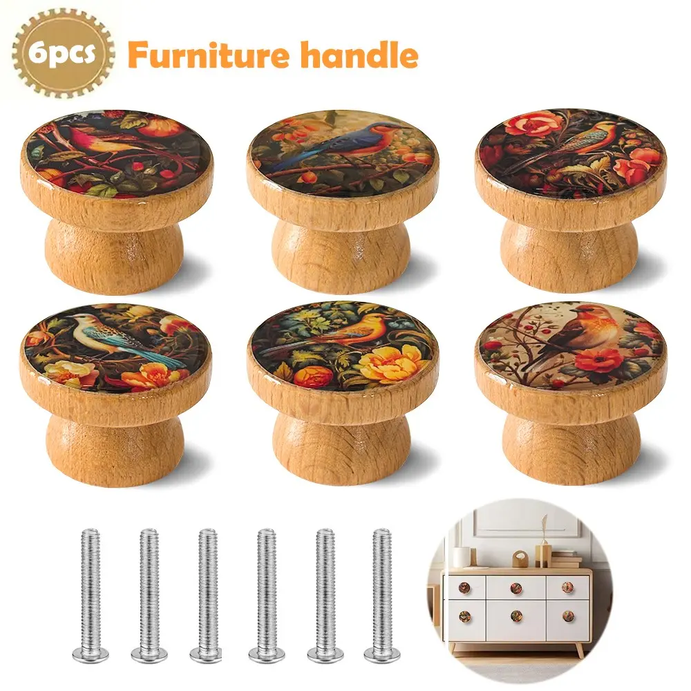 Set of 6 Art Nouveau Birds Series handmade beech Wooden Furniture Handles, Perfect for kitchen cabinets pulls, dresser drawers knobs, Wooden Single Hole Drawer Knobs Decoration Furniture Handle Birds lovers holiday gifts