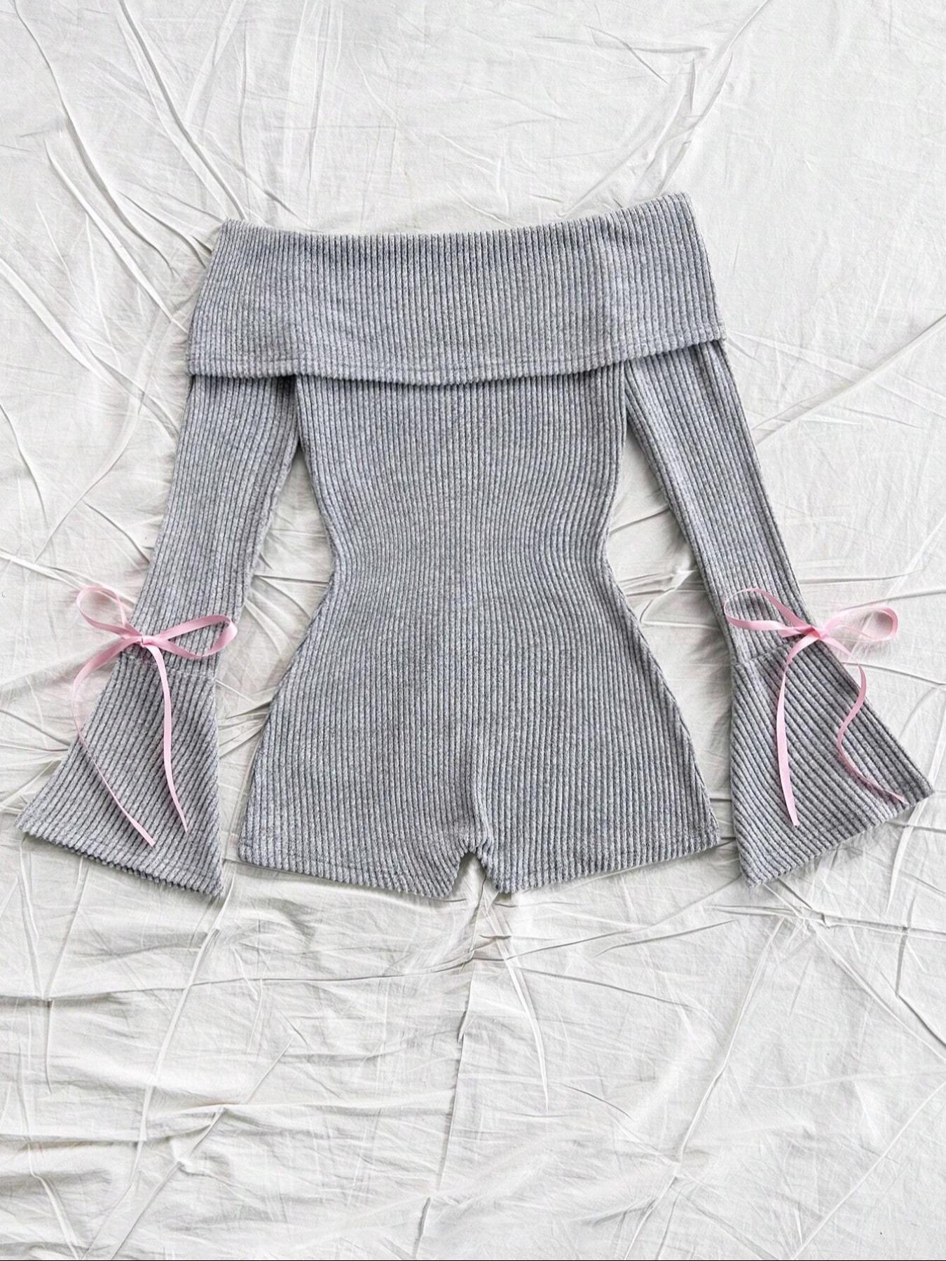 Women's Solid Ribbed Off Shoulder Flounce Sleeve Romper, Casual Fashion Cozy Romper for Daily Outdoor Wear, Women's Clothes for Spring & Fall, Casual Comfy Jumpsuit