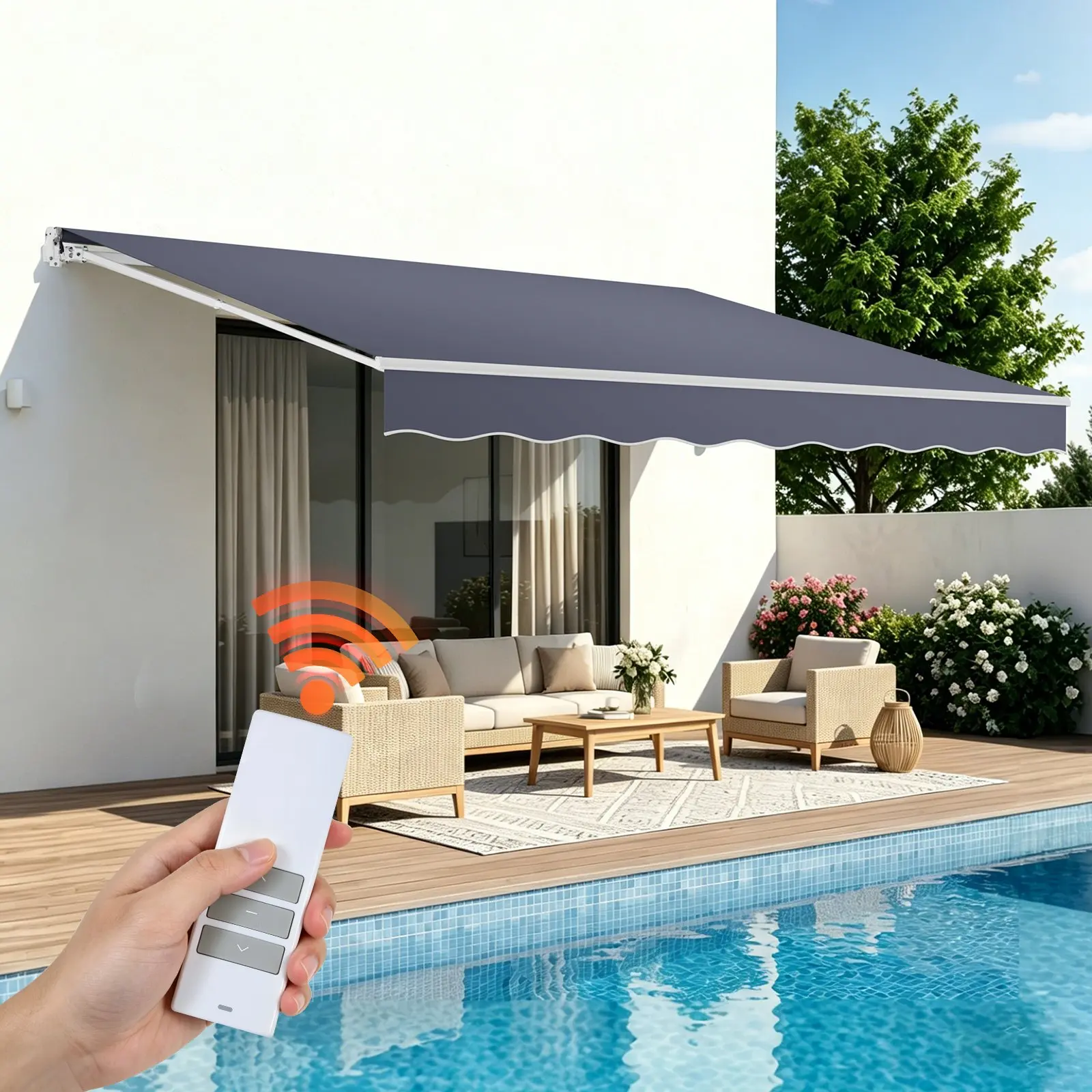 VEVOR Electric Retractable Awning, 14.1' x 9.8' Motorized Patio Awning, Sunshade Shelter with Remote Controller & Manual Crank Handle, Waterproof Polyester Fabric for Outdoor Deck, Balcony, Yard, Gray