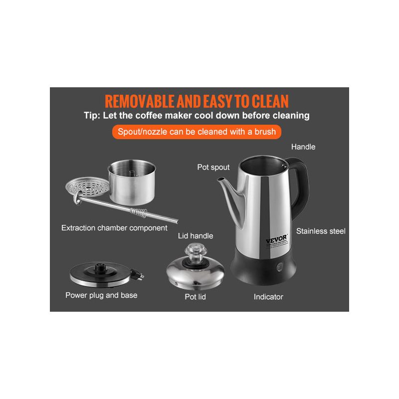 VEVOR 12-Cup Electric Percolator Coffee Pot, 304 Stainless Steel Coffee Percolator with Keep Warm Function Heat-Resistant Handle, Classic Coffee Maker, Quick Brew Easy-Pour Spout, Silver