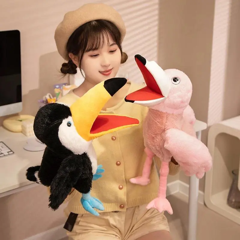 35CM Soft Plush Funny Cartoon Animal Hand Puppets Unisex Stuffed Doll Set - Simulation Toucan, Parrot, Bald Eagle, Peacock, Flamingo, Owl Toys for Family Gatherings