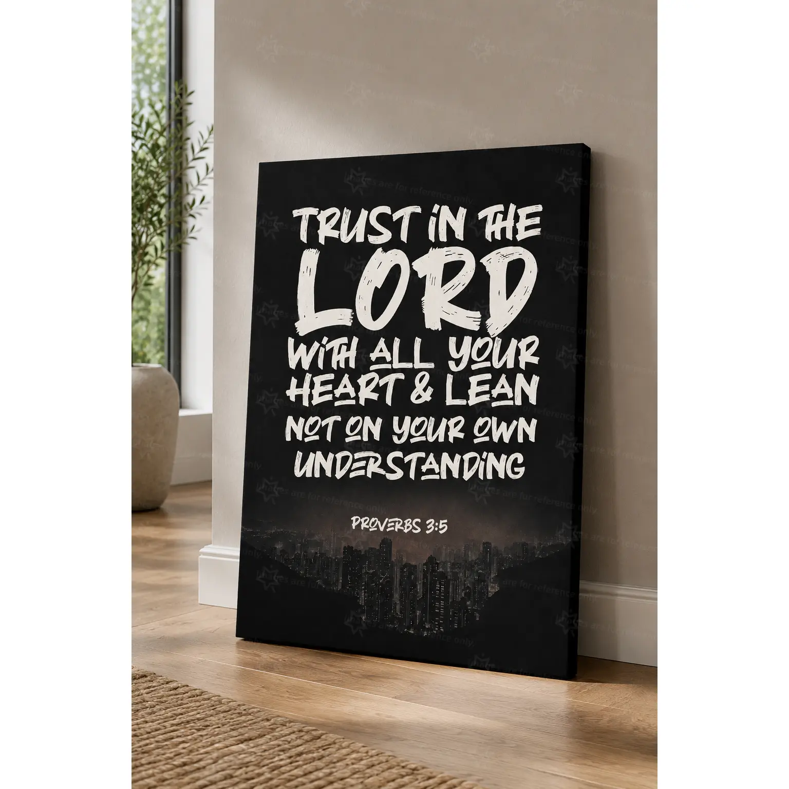 Trust In The Lord Proverbs 3:5 Faith Quote City Skyline Wall Art Canvas Poster, Black White Inspirational Scripture Decorative Poster Prints, Office Bedroom Neutral Faith Wall Decor, Available as Unframed Canvas Poster or Framed Canvas Wrap