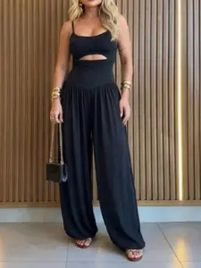 Women's Hollow Out Belted Sleeveless Tank Top Romper, Backless Tie Front Lantern Romper, Pleated High Waist Summer Romper, Stylish and Comfortable