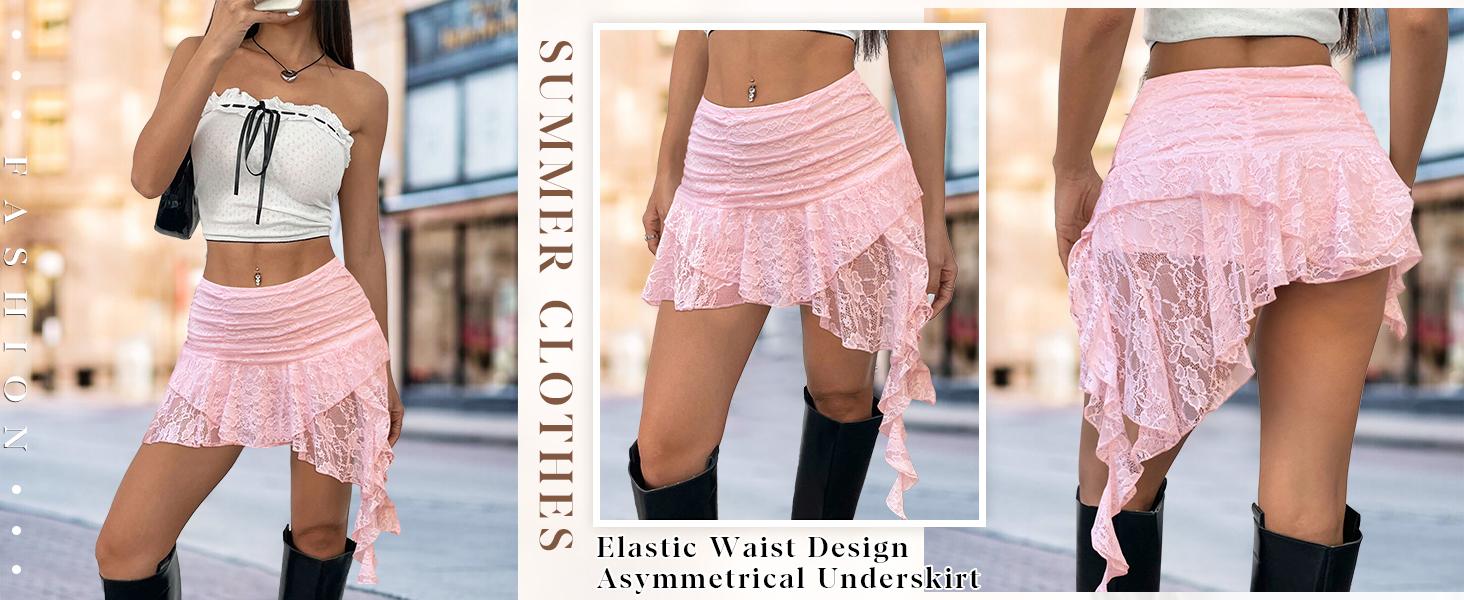Women Y2K Lace Mini Skirt Low Rise Pleated Ruffle Short Layered Flowy Asymmetrical Fairy Half Slip Soft Breathable Stretchy Comfortable