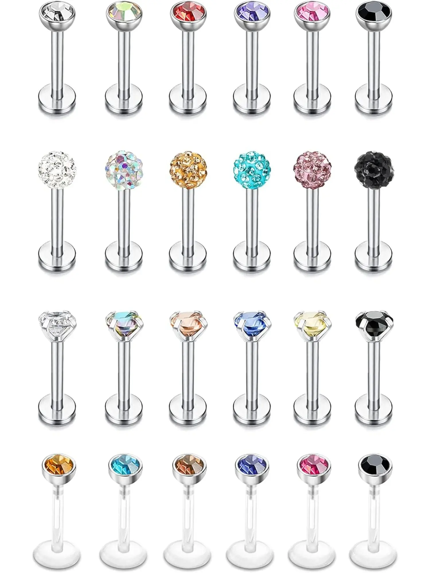 24 Pcs 16G Hypoallergenic Stainless Steel Labret Lip Monroe Medusa Stud Piercing For Women Men 3mm Cubic Zirconia Forward Helix Earrings Cartilage Tragus Piercing 8mm