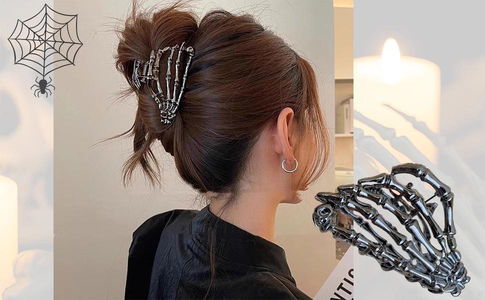 3PCS Black Spider Web Skeleton Hand Skull Hair Claw Clips 