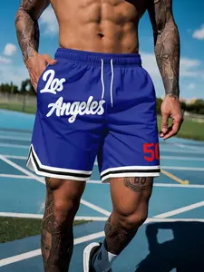 American Style Basketball Shorts, Los Angeles Letter Print, Men's Streetwear, Loose-Fitting, Graphic Pattern, Unlined, 88.2g/m²