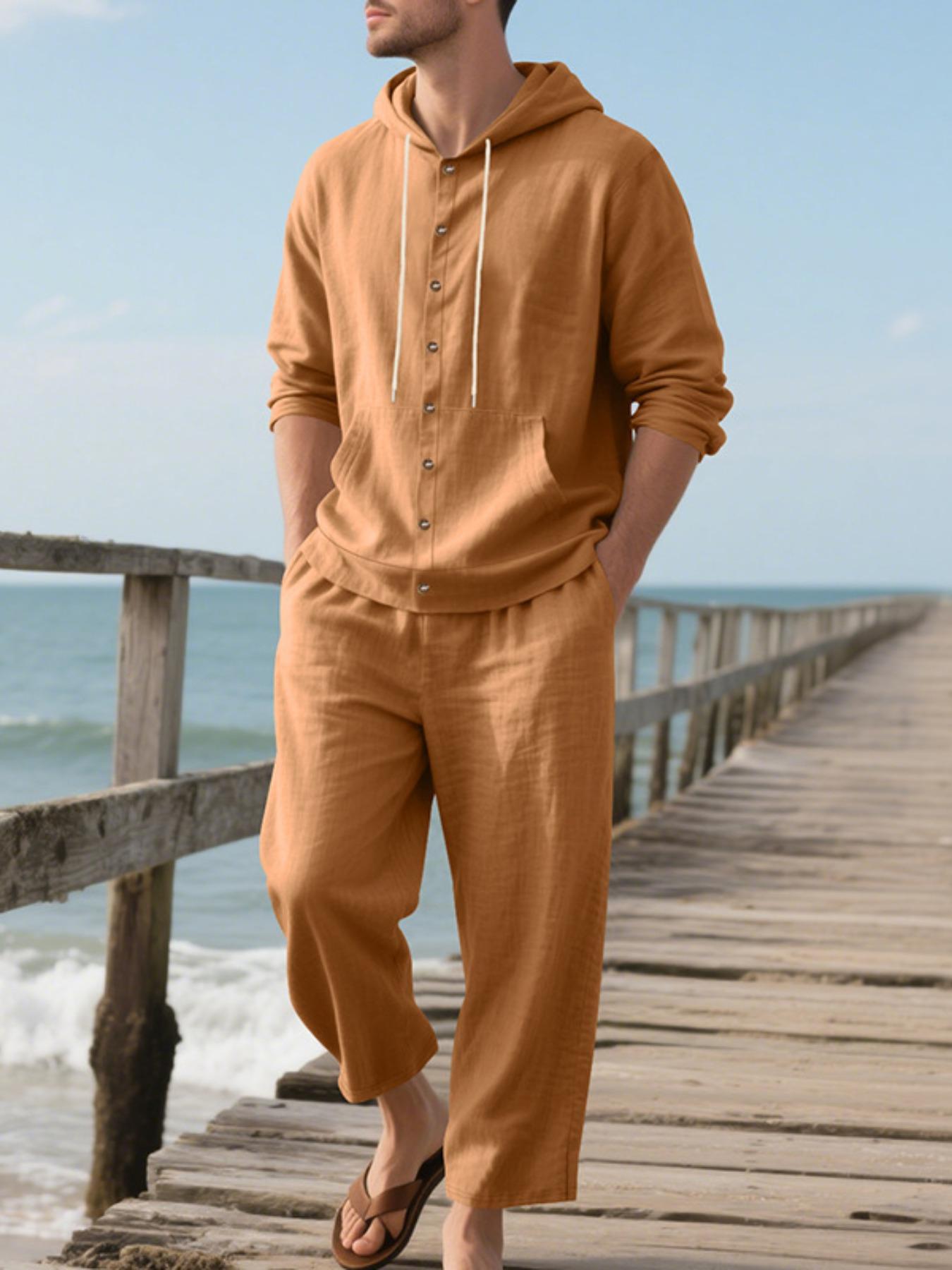 Men's Solid Button Design Long Sleeve Hooded Top & Pants Two-Piece Set, Loose Casual Comfy Breathable Two-piece Outfits for Spring & Fall, Men's Clothes for Daily Wear