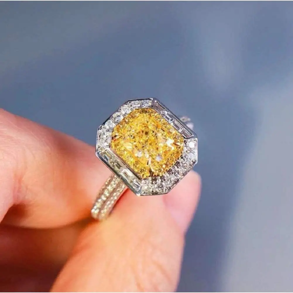 Women 925 Sterling Silver Princess Cut Citrine Ring Cushion Cut Cubic Zirconia CZ Statement Halo Engagement Ring Wedding Jewelry Size 6-10 (US 7)