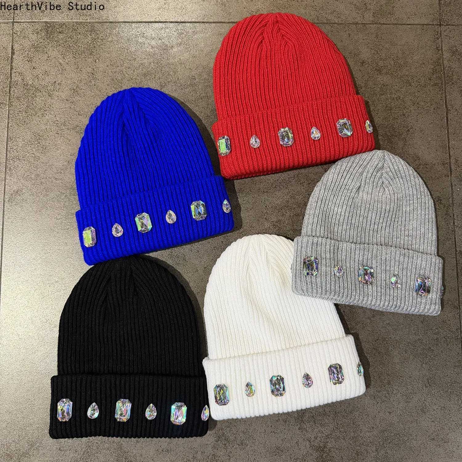 Rhinestone Ribbed Knit Beanie for Women, Luxury Crystal Jeweled Cuff Winter Hat, Warm Chunky Skull Cap Set for Autumn Outdoor Skiing Y2K Daily Streetwear