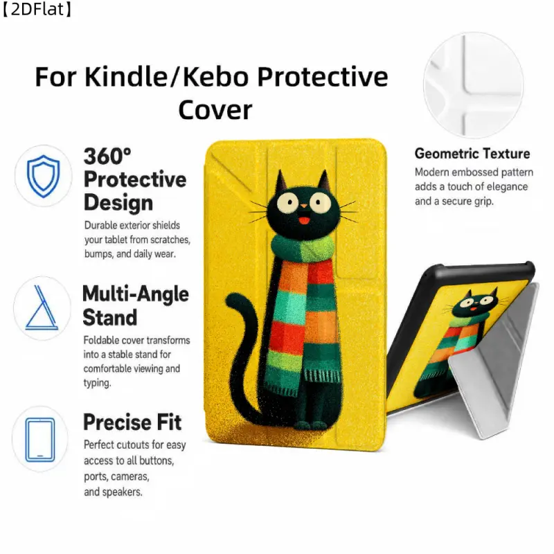 For Kindle/Kobo/Tolino Case, with stand Black Cat With Scarf for New Kindle 11Th 2019, for Kindle 11th Generation Case for Kindle 11Th (2022/2024), 6-Inch, 7-Inch Kindle Paperwhite 12Th Generation 2024 Vision Color (2024) /Vision 6 (2021）/Shine Color (202