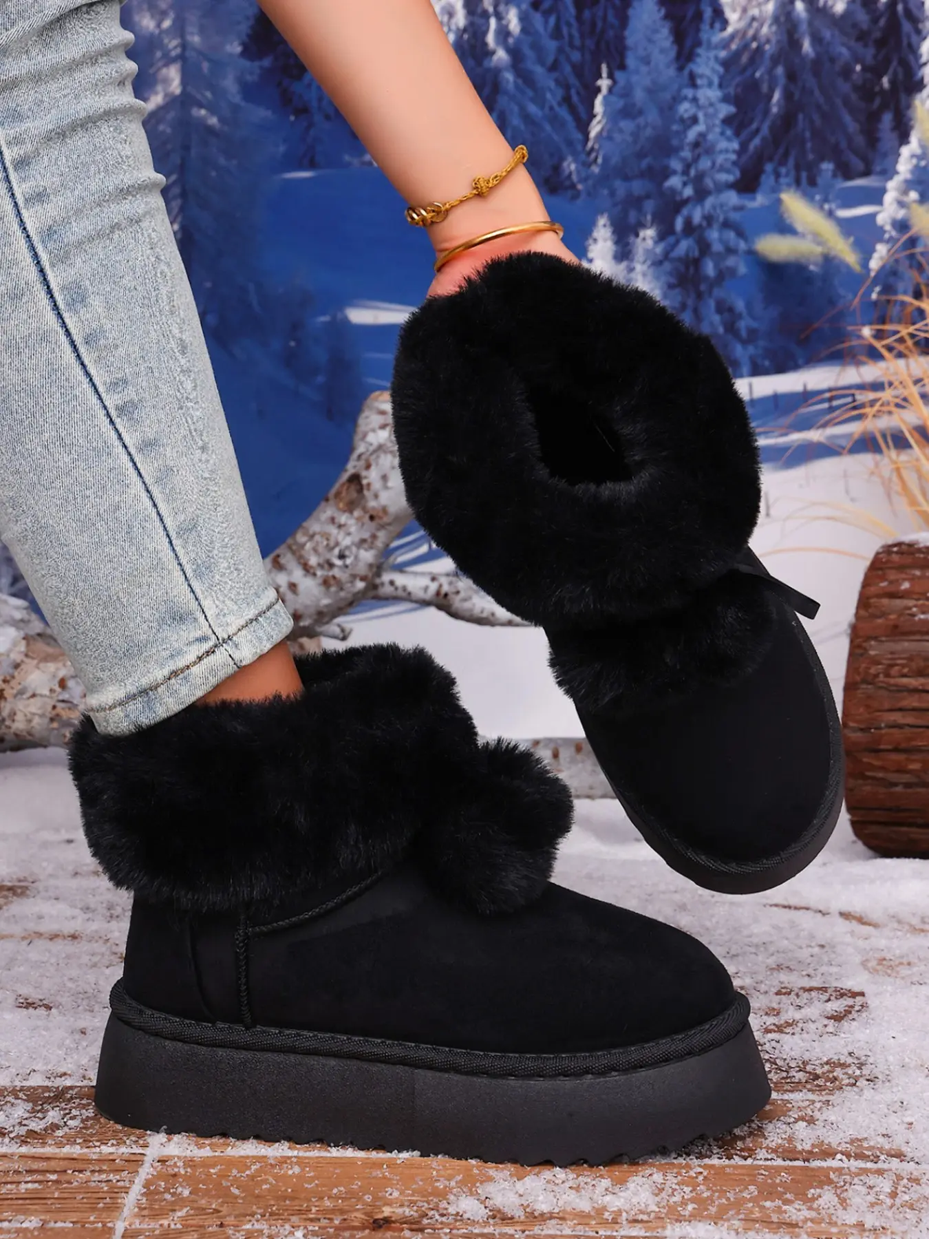 Women's Fluffy Fuzzy Cuff Pom Pom Decor Slip On Platform Ankle Snow Boots, Thick Plush Lined Non-Slip Warm Cute Fashion Winter Booties for Cold Weather Daily Walking & Sweet Casual Outfits