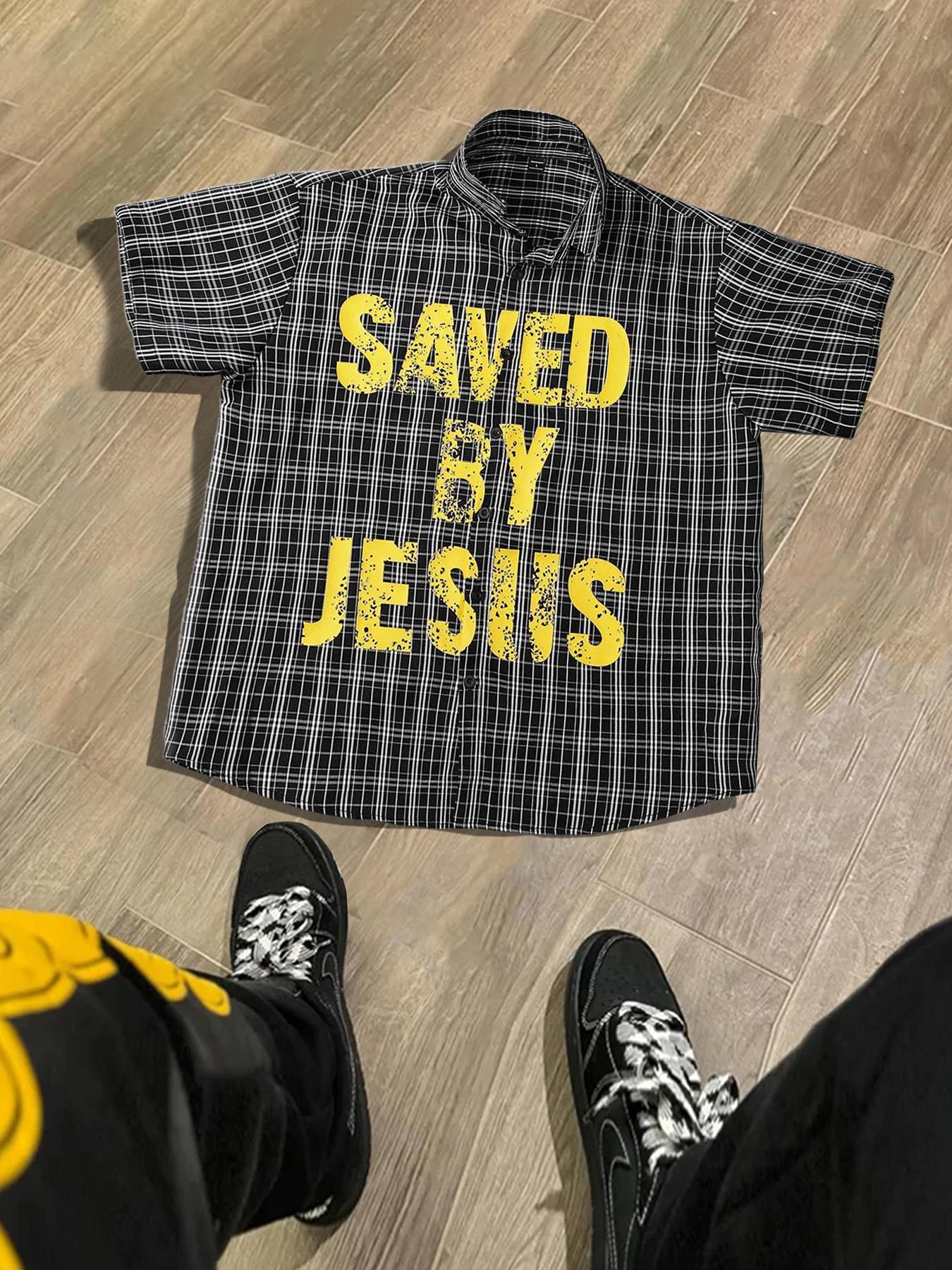 Men's Letter Print Short Sleeve Button Front Shirt, Regular Fit Casual Street Soft Comfy Collared Top for Daily Wear, Men's Clothes for All Seasons, Casual Trendy Shirt