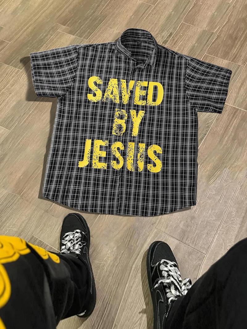 Men's Letter Print Short Sleeve Button Front Shirt, Regular Fit Casual Street Soft Comfy Collared Top for Daily Wear, Men's Clothes for All Seasons