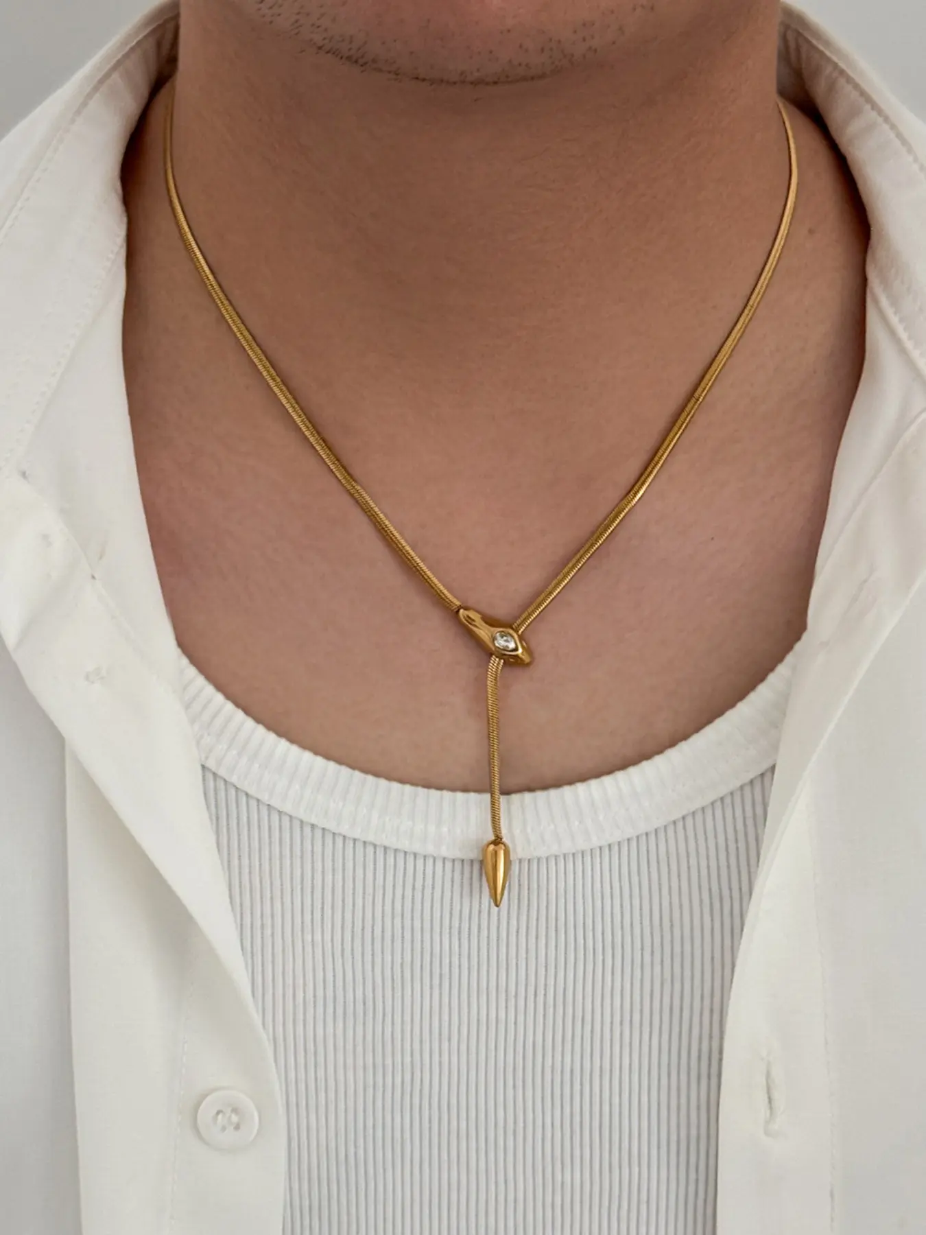 Adjustable Snake Head Pendant Necklace, Rhinestone-Embedded Y-Shaped Design, Unisex Streetwear Jewelry, Perfect for Daily Wear