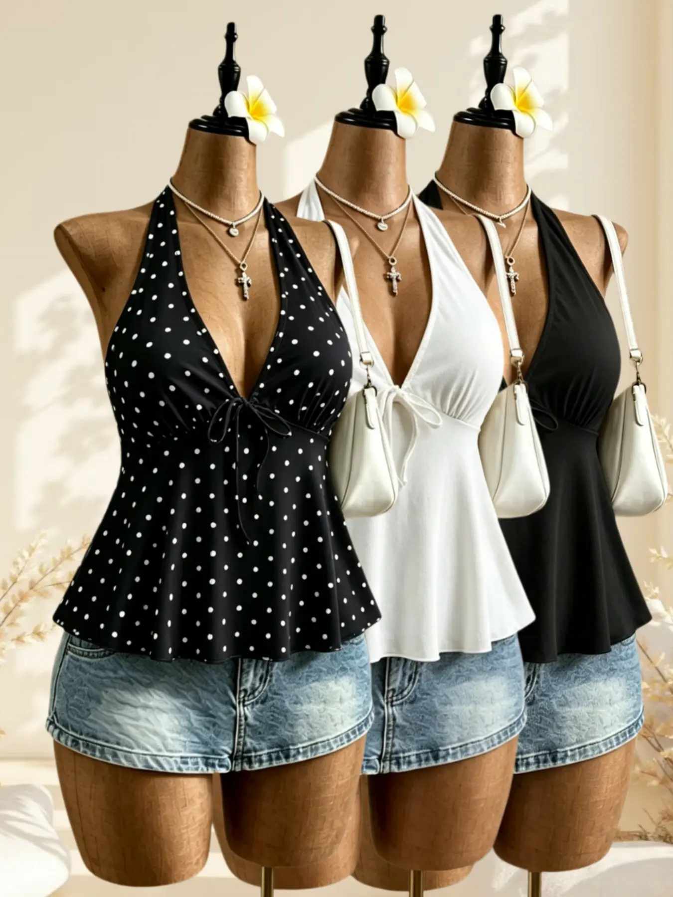 Vintage Sweet Summer Polka Dot Halter V-Neck Top, Front Tie Ruffle Hem Slim Fit Tank Tops Set of Three for Women