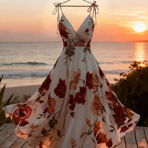 French Elegant Women's Floral Print A-Line Adjustable Straps Tie Dress, Summer Vacation Dress, Everyday Dress, Beachwear, Dress, Travel, Party Dress