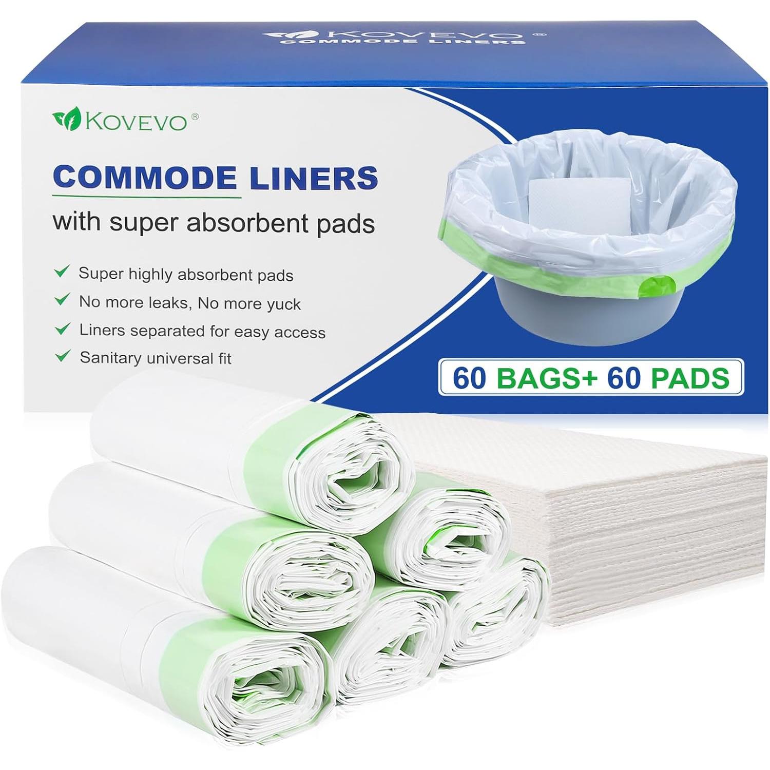 60 Pack Commode Liners with Absorbent Pads, 60 Bedside Commode Liners and 60 Commode Pads, Portable Toilet Liners for Commode Bucket| Universal Fit| Make Cleanup Simple