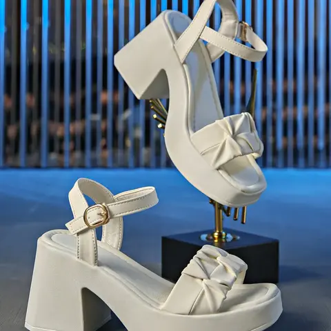 Women's Fashionable Bowknot Design Heeled Sandals, Chunky Heeled Sandals, Elegant Square Toe High Heel Sandals for Party, Daily Clothing Decor for Women & Girls, Footwear, Elegant Stylish Footwear
