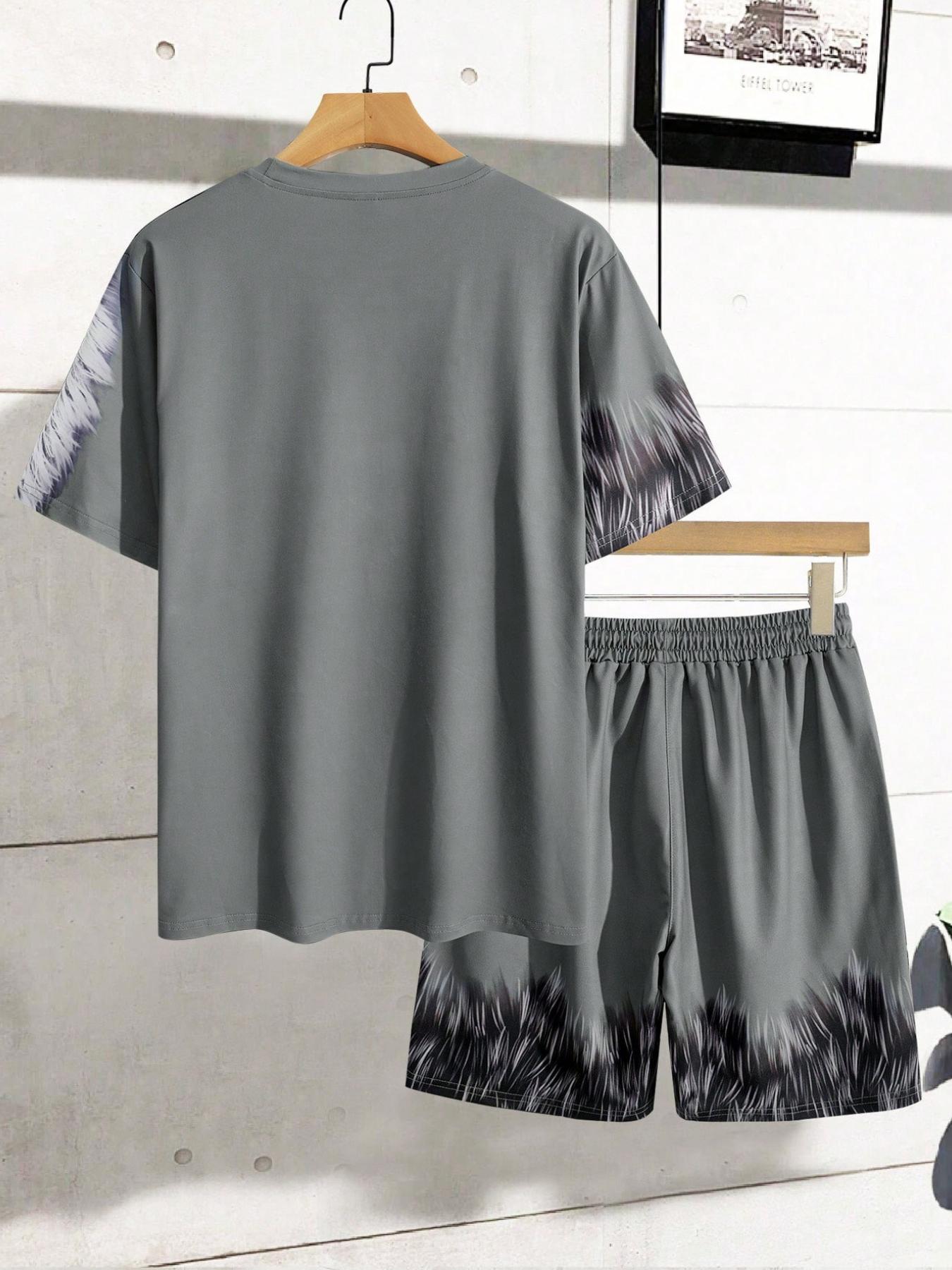 【Plus Size】 Tiger Head Print Tee & Shorts Set, Regular Fit Casual Short Sleeve T-shirt & Shorts, Men's for Summer