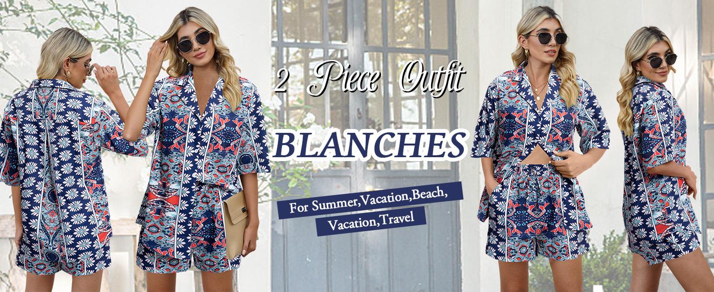 MNLYBABY Womens Hawaiian 2 Piece Tracksuit: Outfit Short Sleeve Button Down Shirt and Shorts Lounge Set