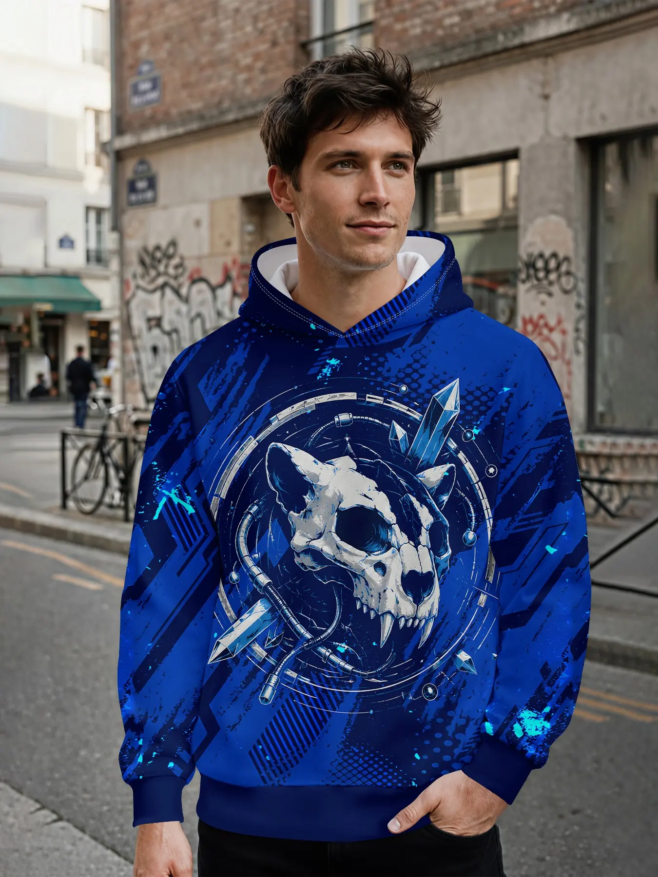 Men's Hooded Sweatshirt, Cobalt Cyber Crystal Bone, 3D Digital Print, All over Pattern, Perfect for Daily Wear and Music Festivals