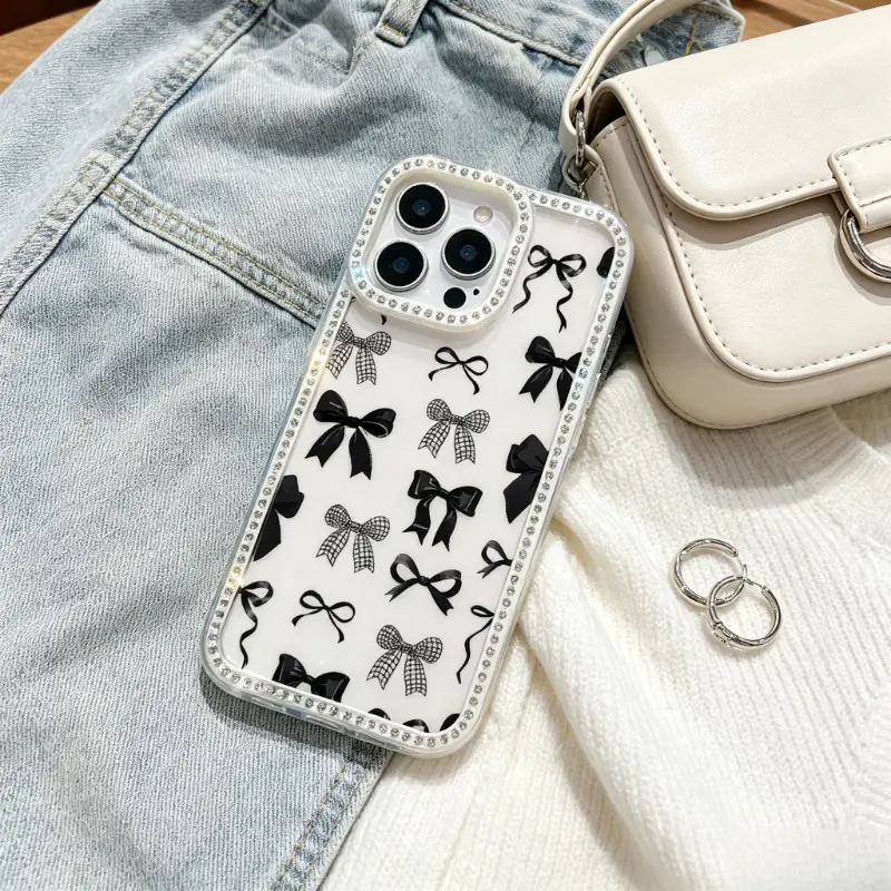 Girly Aesthetic Black Bow Print Clear TPU Soft Phone Case - Bling Rhinestone Diamond Frame, Shockproof Protective Cover for iPhone 11-17, Air/Pro Max anti-drop anti-fall