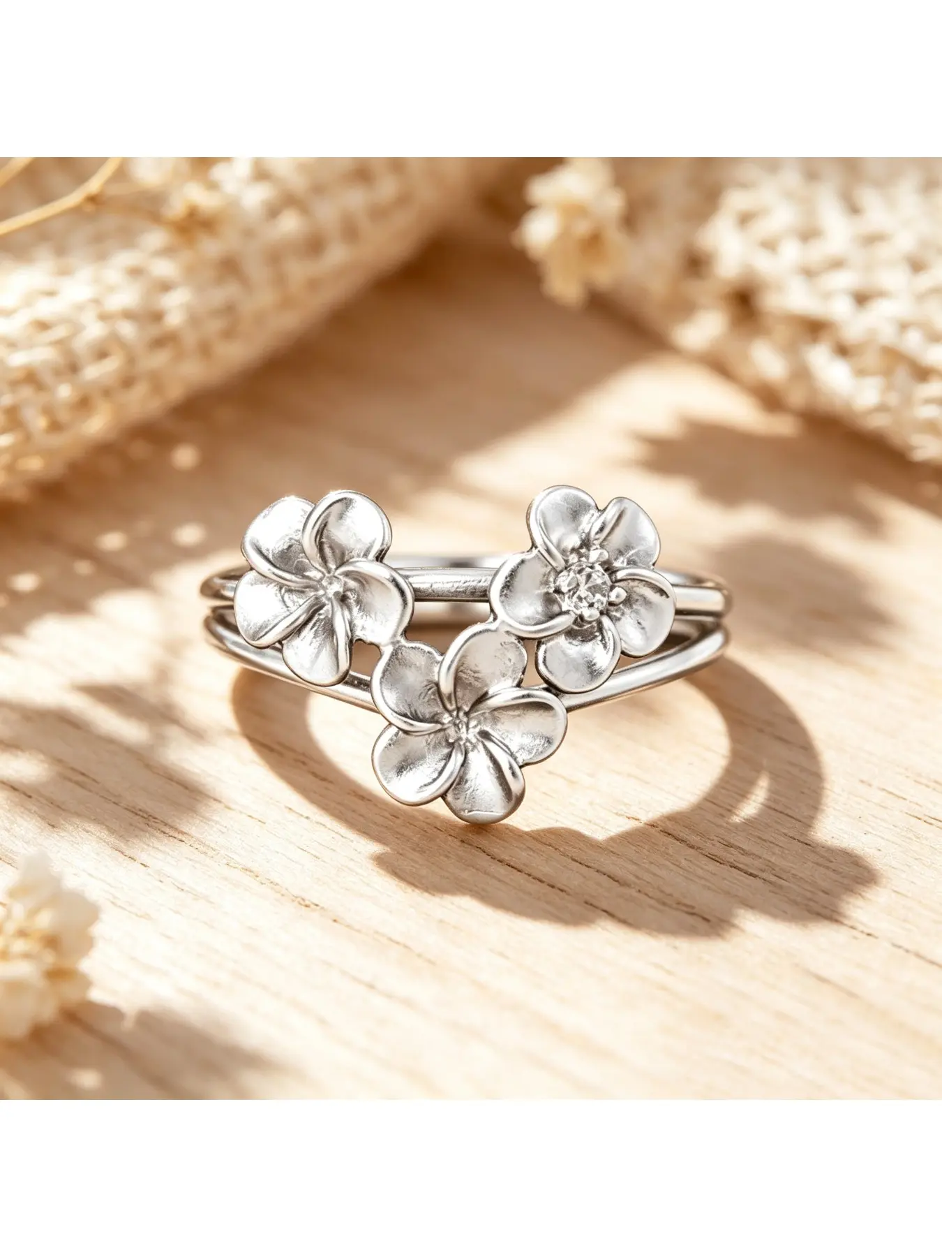 3D Triple Plumeria Double Thin Band Silver Tropical Women Halo Ring, Floral Engagement Ring, Sweet Valentine Gift, Seaside Tea Party Ring, Slim Daily Stack Ring for Engagements, Mother’s Day Gifts and Casual Layered Daily Outfits