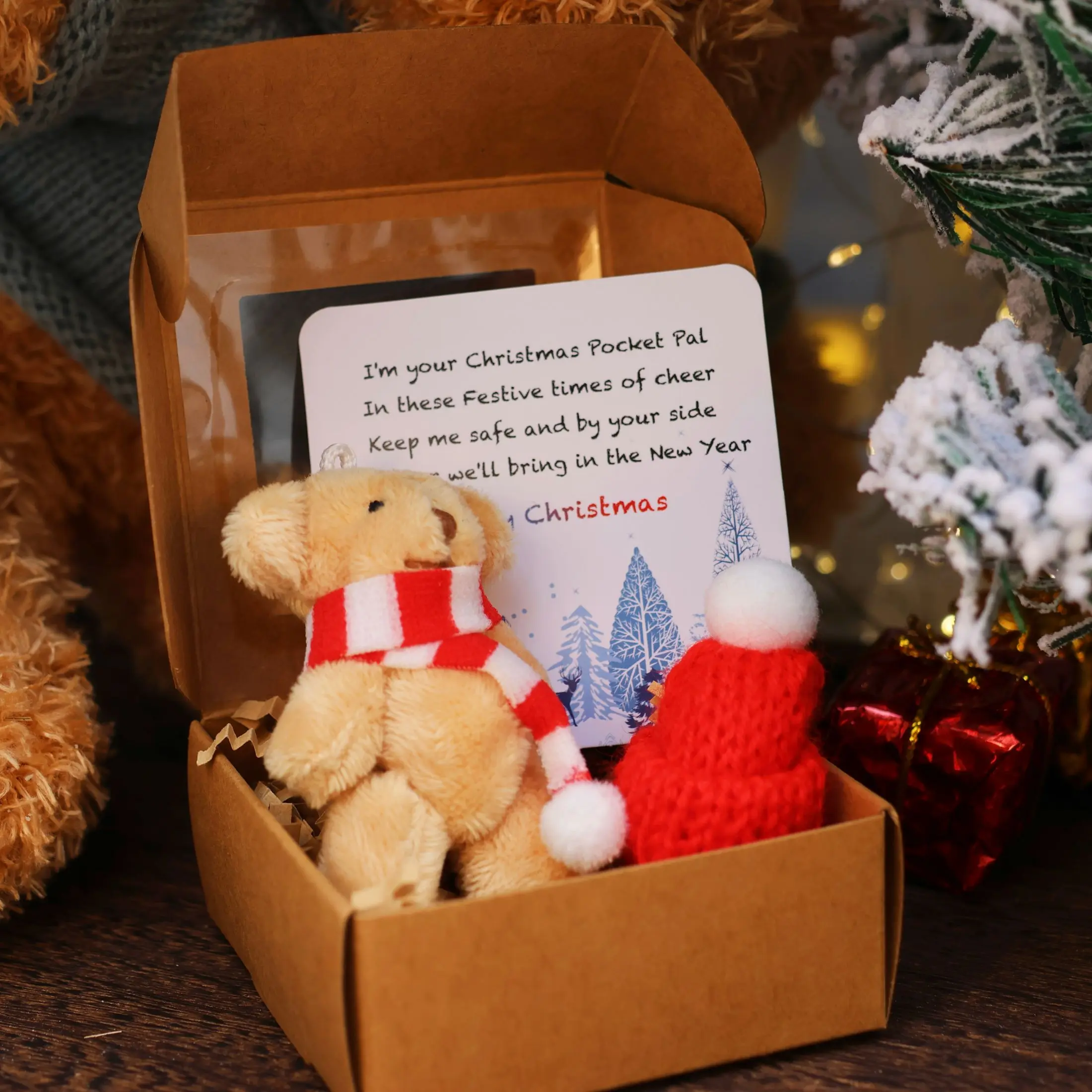 Christmas Pocket Bear Hug in a Box with Cheer Up Card, Mini Stuffed Teddy Bear with Stripe Scarves, Tiny Bears Christmas Eve Gifts, Christmas Decorations, Christmas Stocking Stuffers