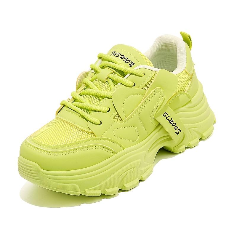 Women's Breathable Running Sneakers - Lace-Up Chunky Platform Sneakers, Neon Green Casual Walking Shoes with Thick TPU Sole, All-Season Comfort Design, Casual Sneakers |   Trendy Footwear |   Synthetic Synthetic Leather Upper Girl Trainer Training Runner