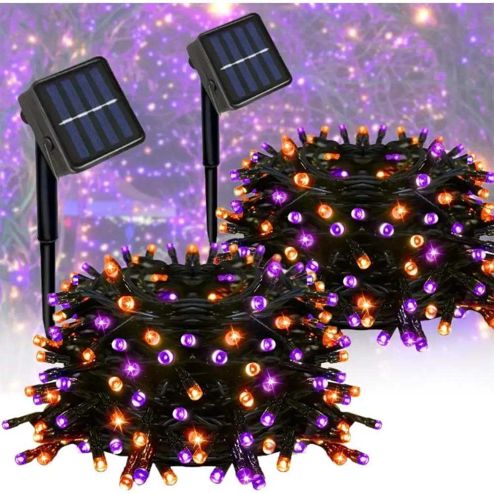 2 Pack Solar &Orange String Lights Outdoor,  200 LED Each 40Ft with 8 Lighting Modes for Yard, Fence,Balcony, Party,Halloween Decorations (&Orange)