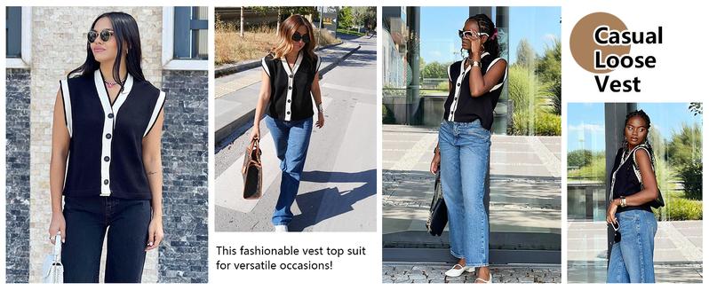 Goranbon Womens V Neck Sweater Vest Button Down Cap Sleeve Summer Trendy Color Block Loose Knit Tank Tops Goranbon Womens V Neck Sweater Vest Button Down Cap Sleeve Summer Trendy Color Block Loose Knit Tank Tops