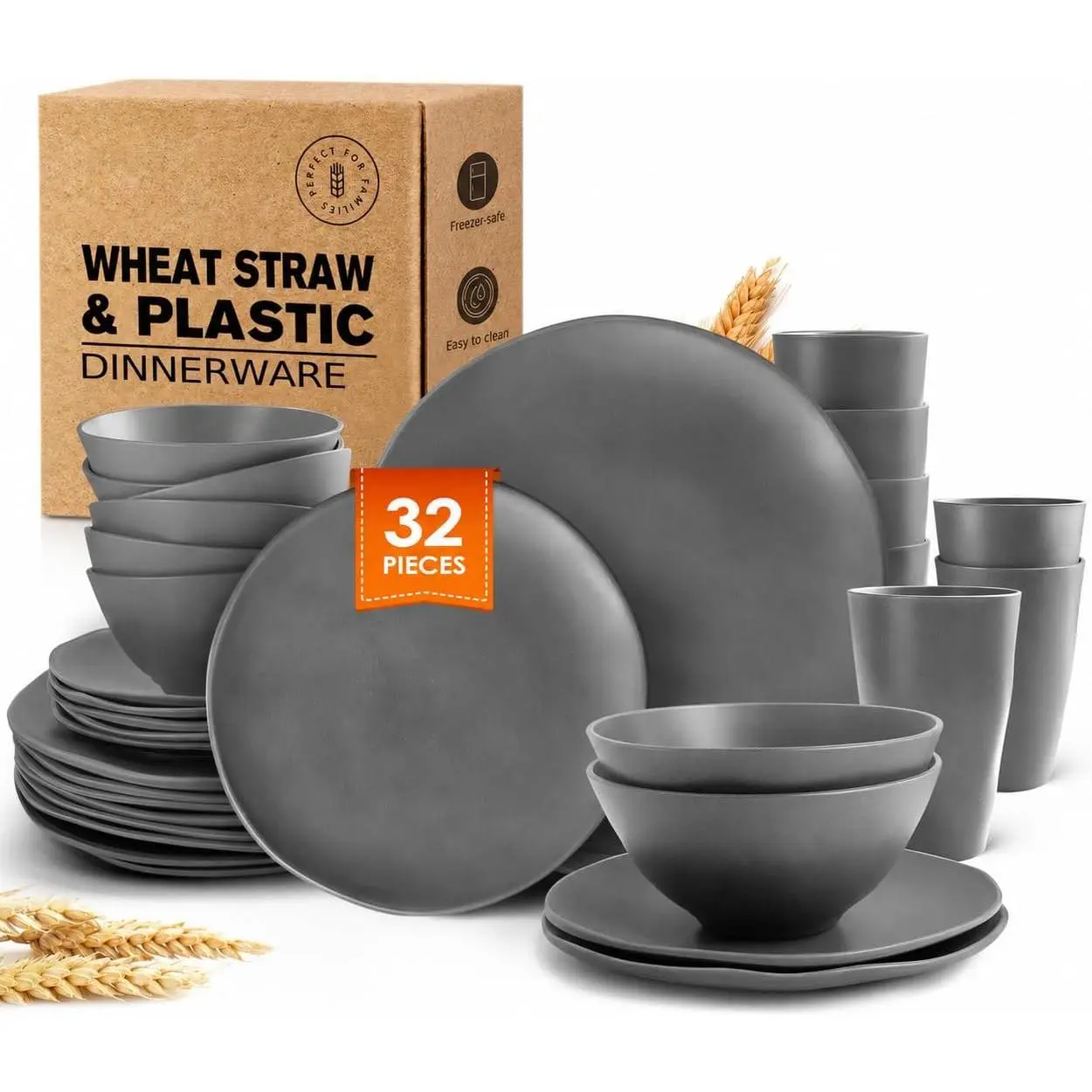 32-Piece Plates and Bowls Sets for 8, Irregular Gray Dinnerware Sets |   Irregular Cups, Plastic Wheat Straw Unbreakable Dish Set, Dishwasher Safe, for Outdoor Camping RV Essentials Plate Set