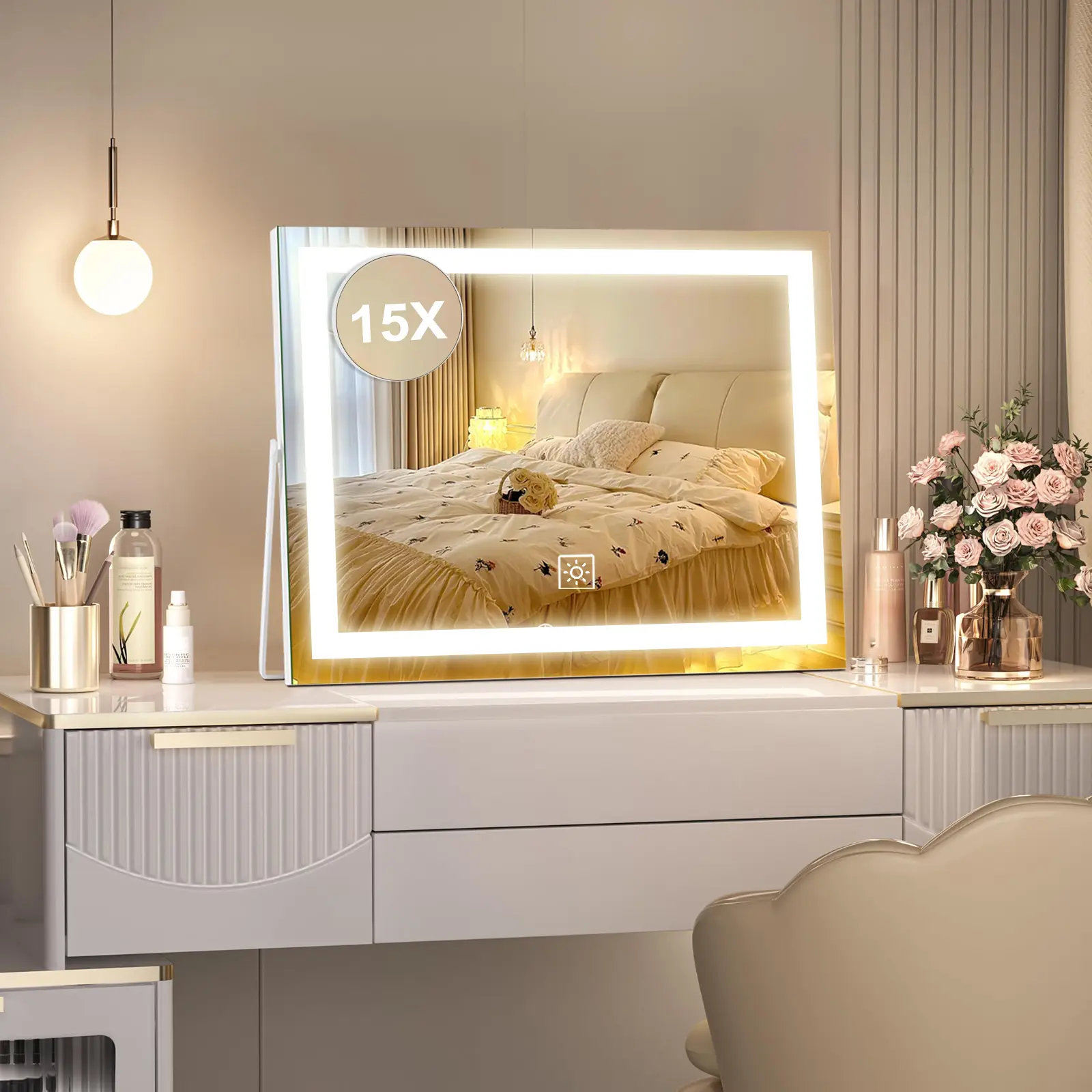 Vanity Mirror with Lights, LED Makeup Mirror With Detachable 15X Magnification, 3 Adjustable Lighting Modes, 360° Rotation, Desk Mirror For Bathroom, Or Dressing, Gifts for Women, Gifts for Mom