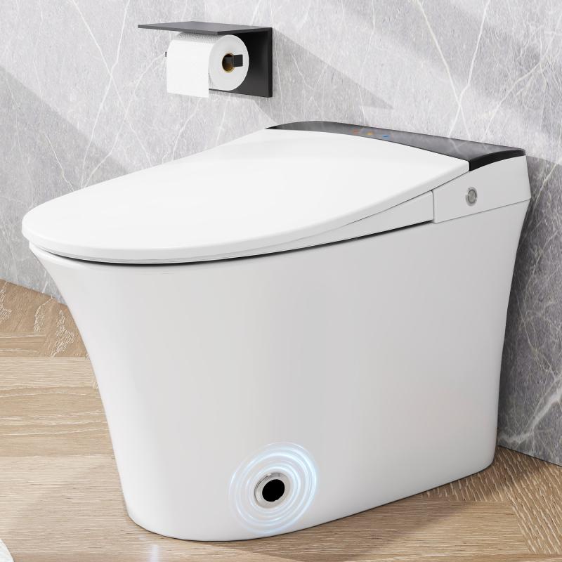 Heated Seat Smart Toilet with Foot Sensor Flush, Blue Night Light, Soft Close Cover, White Modern Bathroom Essential