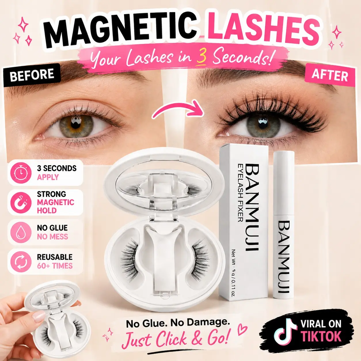 BANMUJI Magnetic Eyelashes with Applicator – Natural Manga Style, Glueless Lashes, No Glue Needed, Reusable Soft Magnetic Lashes Kit, Easy to Apply for Beginners（MJ03）