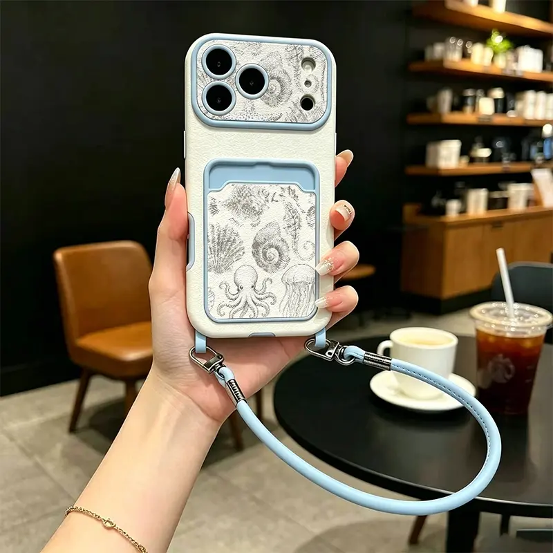 Card Holder Shockproof Case with Wrist Lanyard Vintage Sea Creature Phone Case Shell Seahorse Pattern Shockproof Cover Full camera protection, fits iPhone 11-17 Pro/Pro Max, sweet gift for couples, family and friends