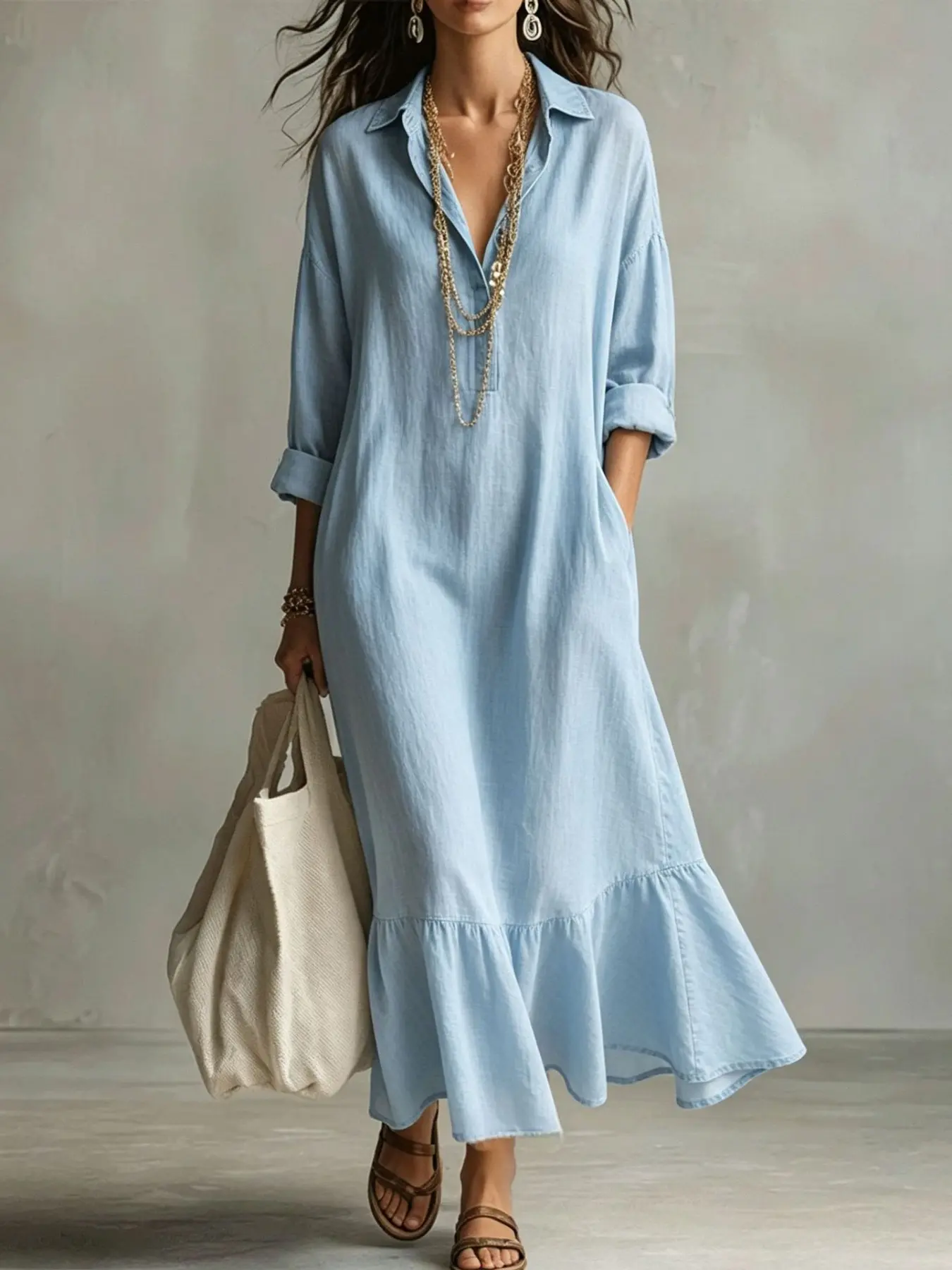 2026 Spring Summer Autumn Loose V-Neck Peplum Hem Shirtdress, Women's Resort Wear, Chic, Stylish and Comfortable Design, Perfect for Casual