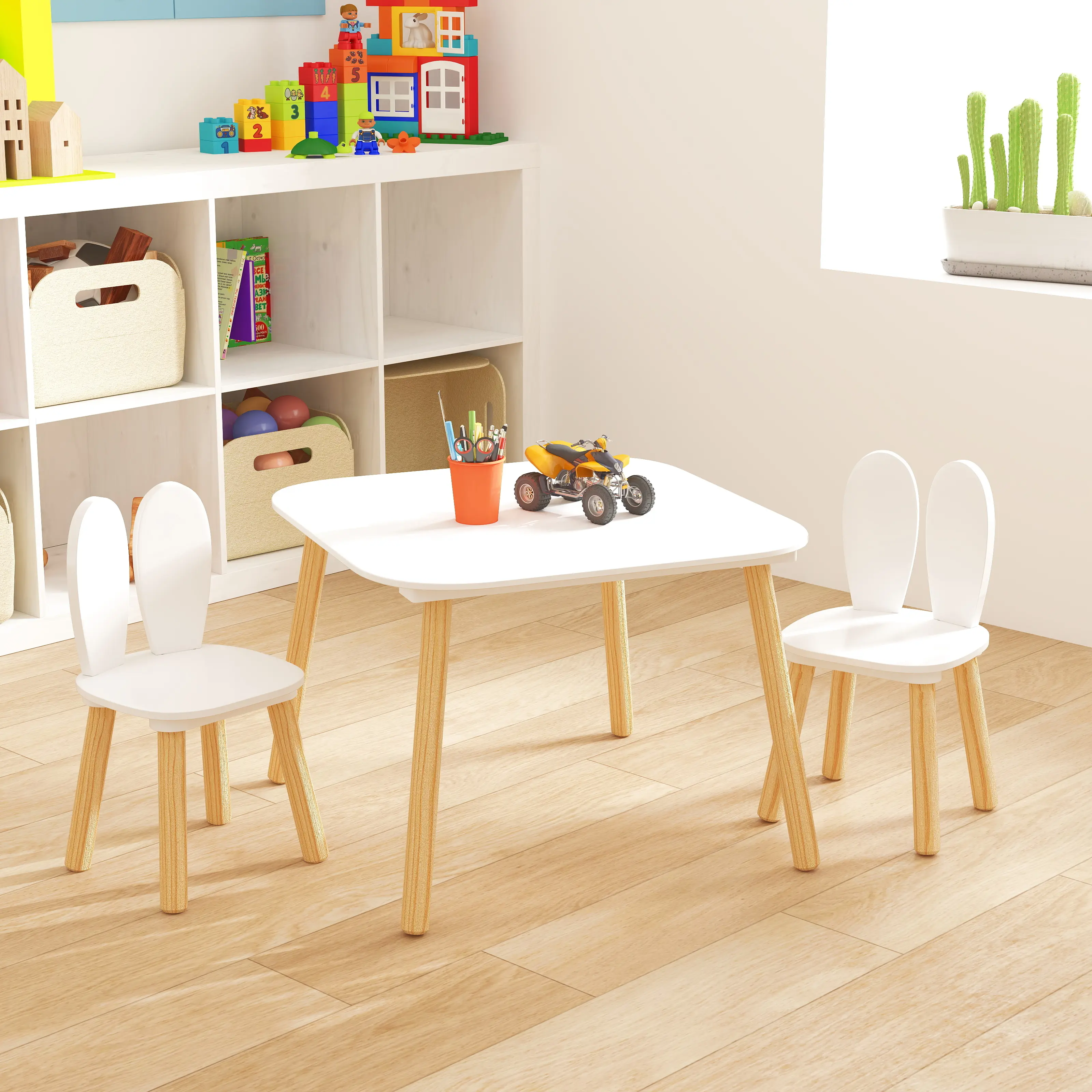 ARCH Kids Table and 2 Chairs Set, 3-Piece Rabbit Themed Toddler Activity Play Table and Chair Set, Solid Wood Legs, White Children's Wooden Furniture for Playroom, Bedroom, Daycare, Nursery, Study, Dining, Arts and Crafts, Multiple Uses