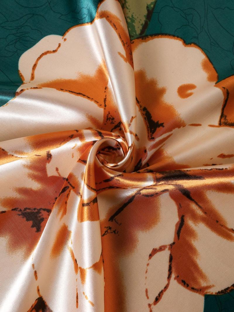Women's Floral Print Square Scarf, Fashionable Soft Satin Scarf for Daily Wear, Casual Versatile Scarf for Women & Girls