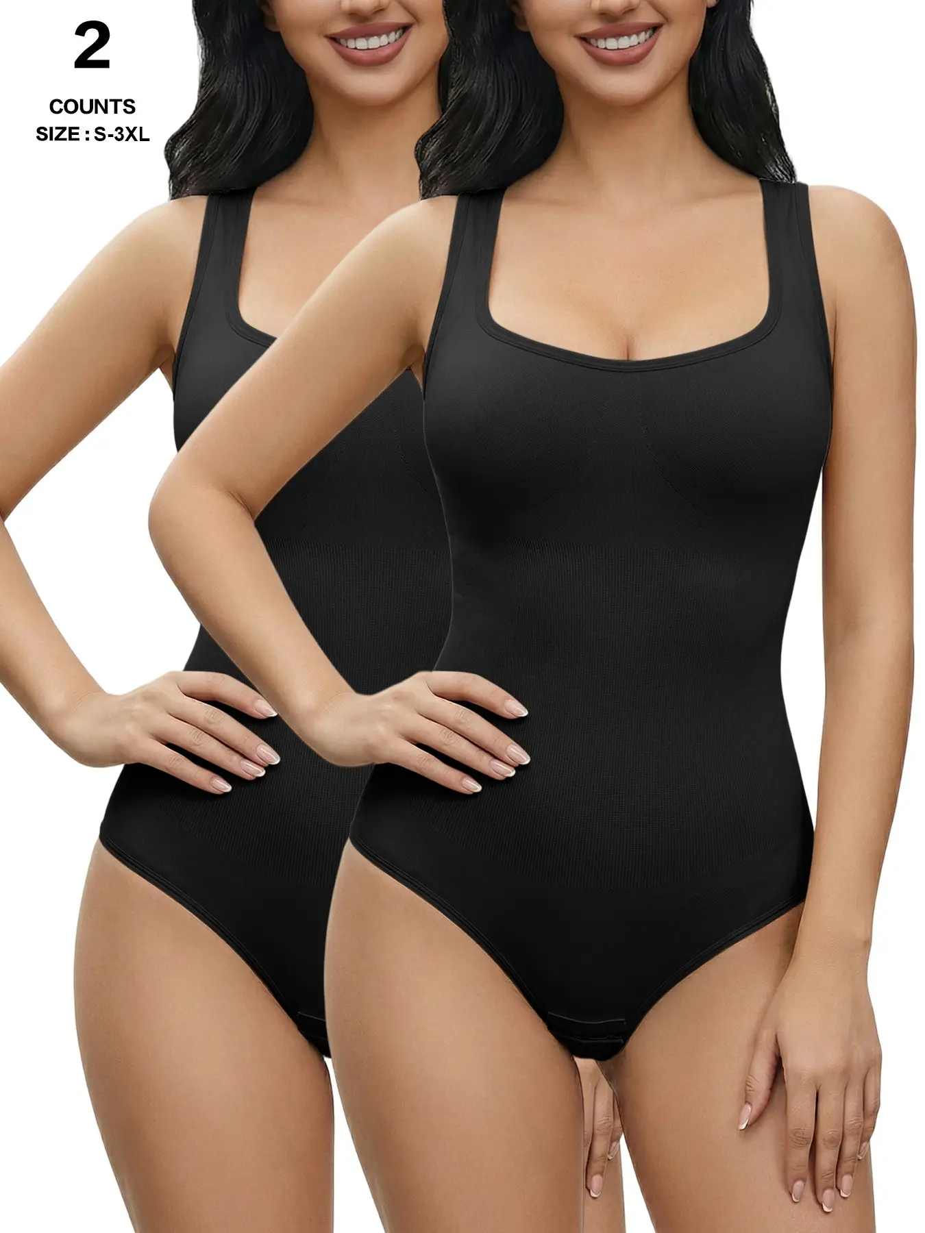 Square Neck Adjustable Wide Strap Shapewear Bodysuit, Bust Gathering, Waist Sculpt, Butt Lifting, Snap Crotch, Soft Rib Fabric